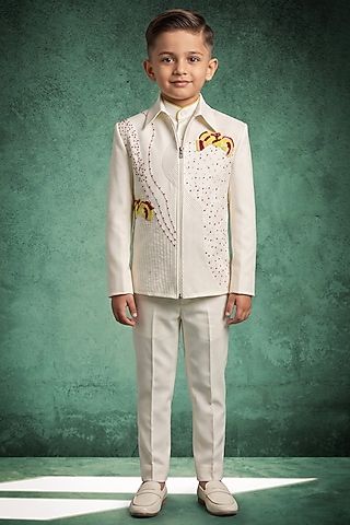 Ivory Blended Suiting Beads Embroidered Bomber Jacket Set For Boys by Abees Kids