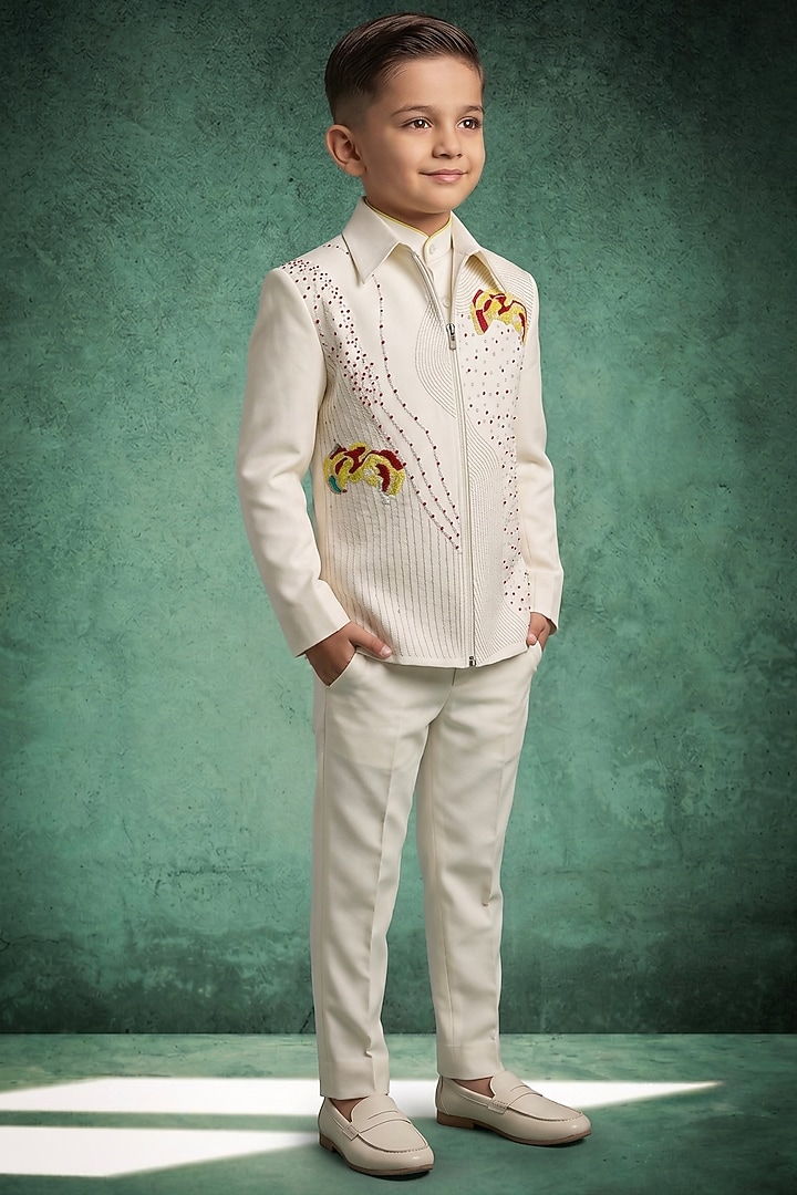 Ivory Blended Suiting Beads Embroidered Bomber Jacket Set For Boys by Abees Kids at Pernia's Pop Up Shop
