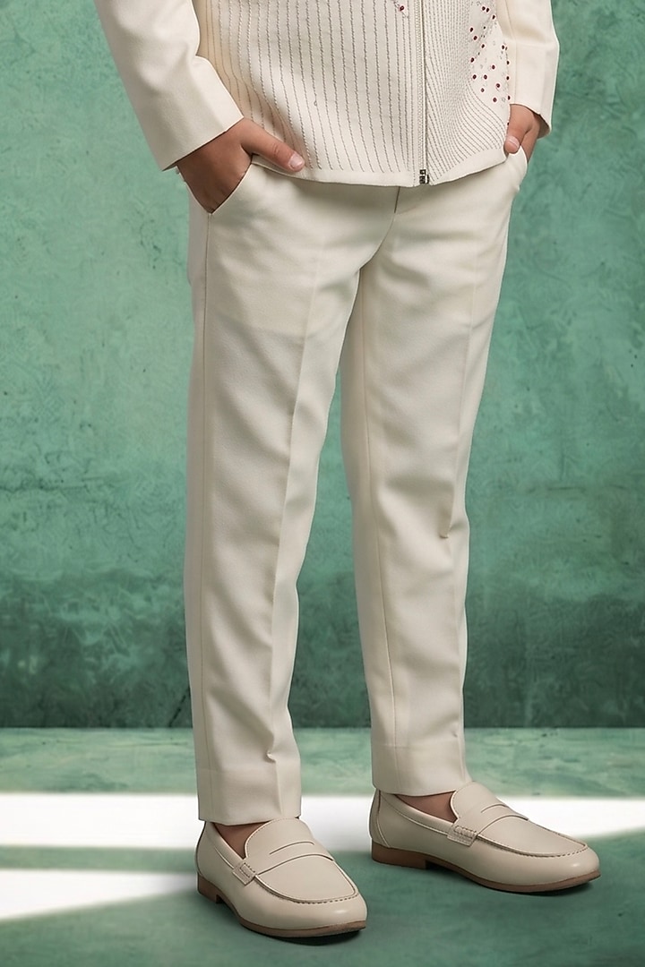 Ivory Blended Suiting Beads Embroidered Bomber Jacket Set For Boys by Abees Kids at Pernia's Pop Up Shop