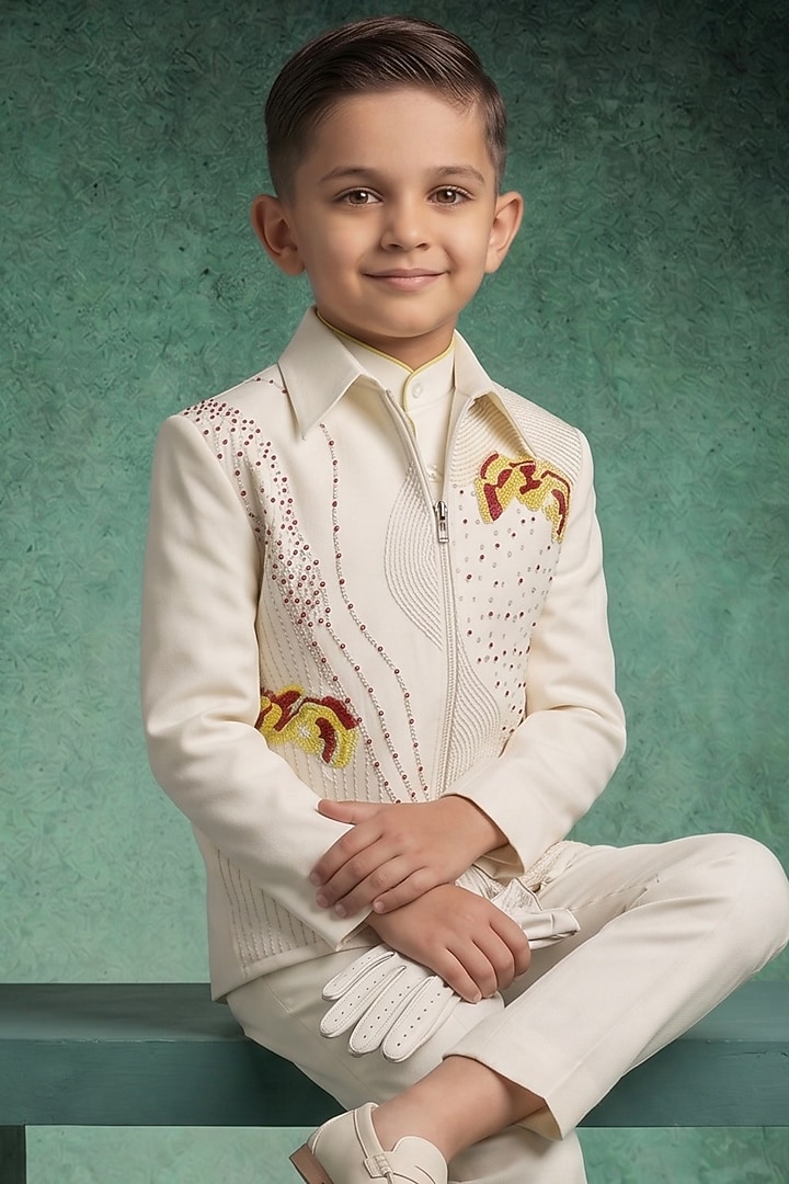 Ivory Blended Suiting Beads Embroidered Bomber Jacket Set For Boys by Abees Kids at Pernia's Pop Up Shop