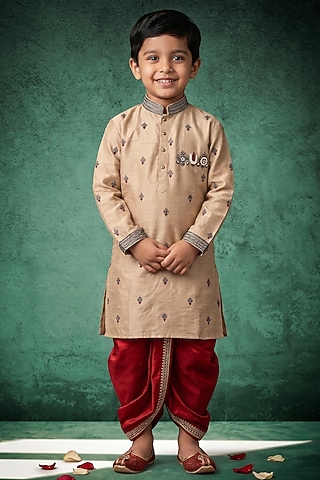 Beige Pattu Silk Kurta Set For Boys by Abees Kids