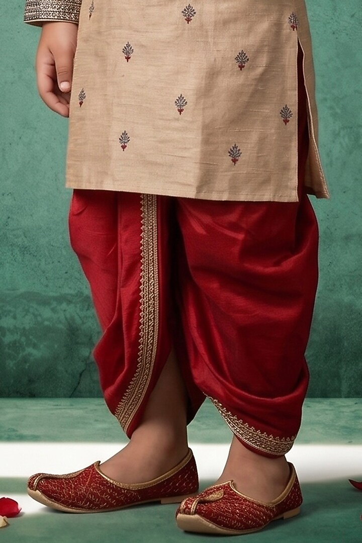 Beige Pattu Silk Kurta Set For Boys by Abees Kids at Pernia's Pop Up Shop