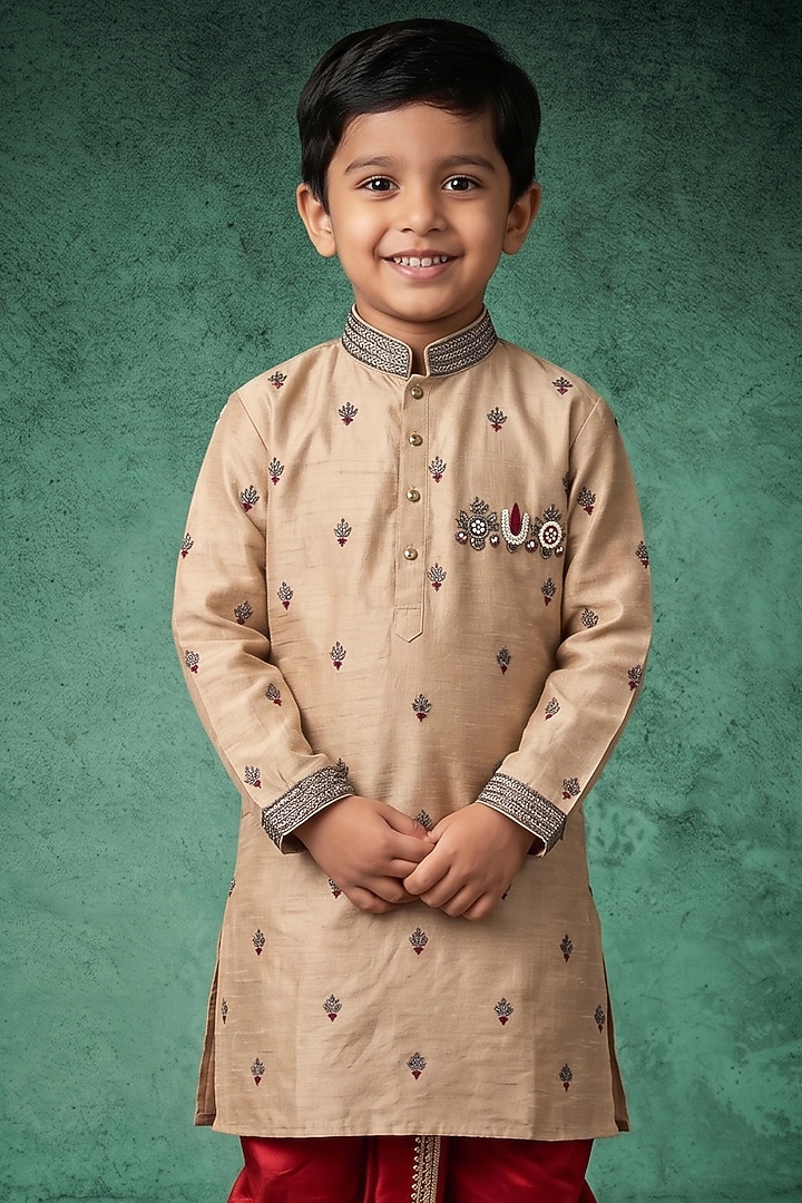 Beige Pattu Silk Kurta Set For Boys by Abees Kids at Pernia's Pop Up Shop
