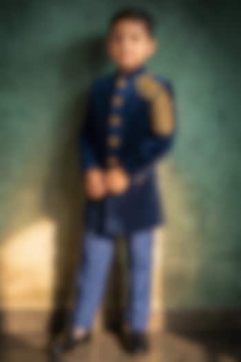 Royal Plum Velvet Thread Embroidered Indowestern Set For Boys by Abees Kids at Pernia's Pop Up Shop