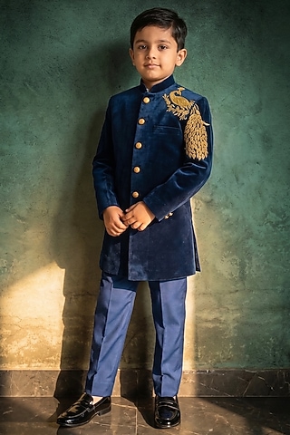 Royal Plum Velvet Thread Embroidered Indowestern Set For Boys by Abees Kids