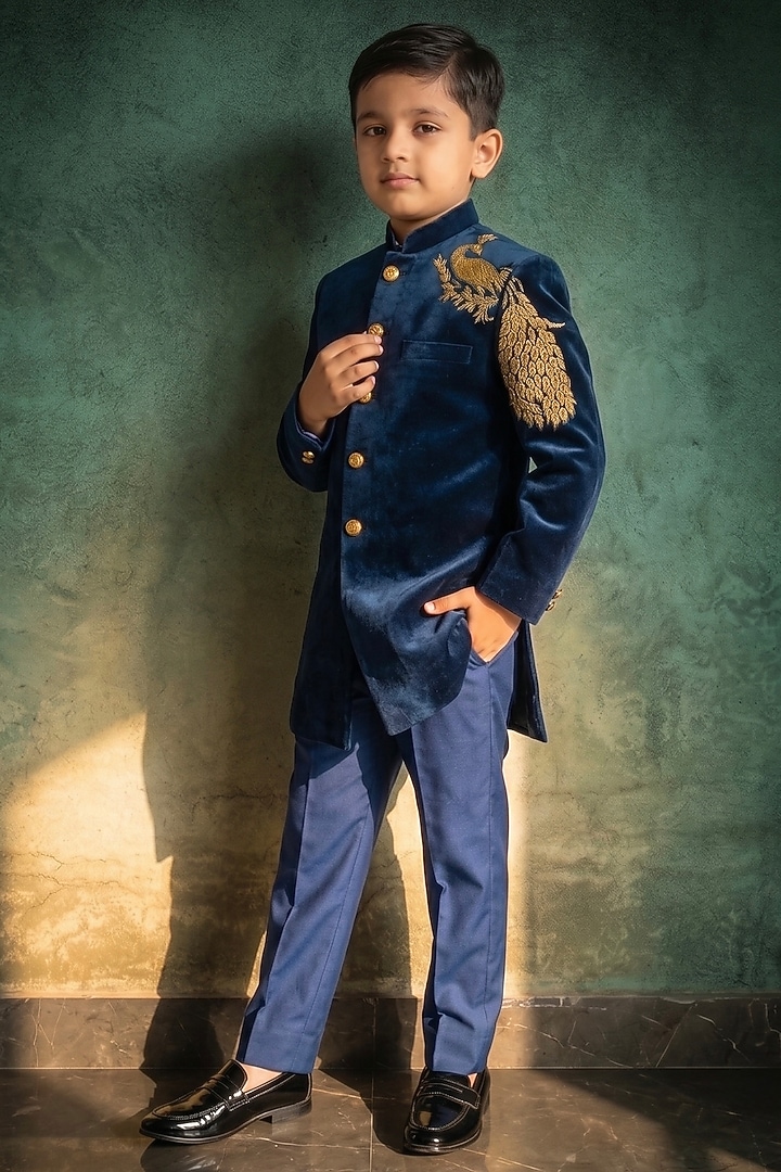 Royal Plum Velvet Thread Embroidered Indowestern Set For Boys by Abees Kids at Pernia's Pop Up Shop