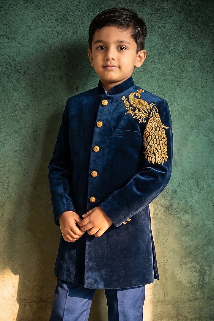 Royal Plum Velvet Thread Embroidered Indowestern Set For Boys by Abees Kids at Pernia's Pop Up Shop