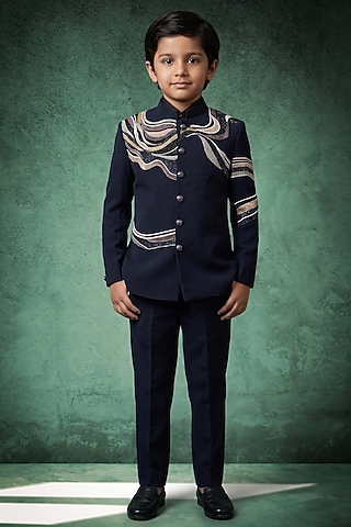 Midnight Navy Japanese Rayon Embroidered Bandhgala Set For Boys by Abees Kids