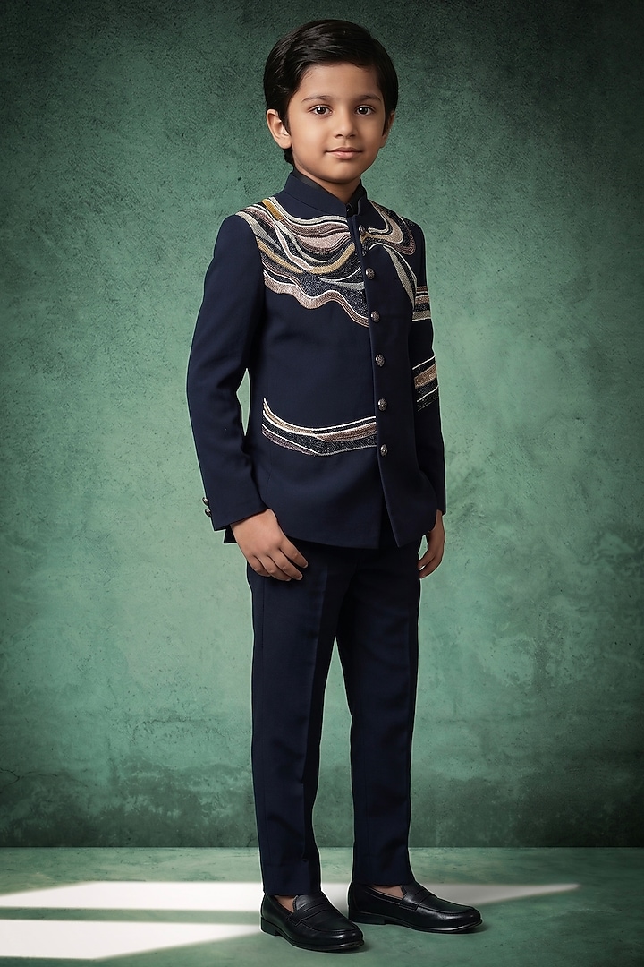 Midnight Navy Japanese Rayon Embroidered Bandhgala Set For Boys by Abees Kids at Pernia's Pop Up Shop