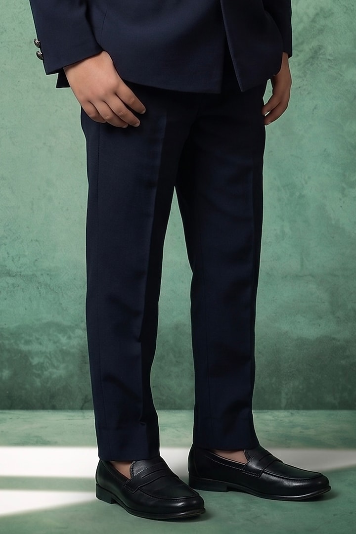 Midnight Navy Japanese Rayon Embroidered Bandhgala Set For Boys by Abees Kids at Pernia's Pop Up Shop