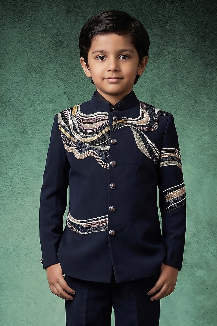 Midnight Navy Japanese Rayon Embroidered Bandhgala Set For Boys by Abees Kids at Pernia's Pop Up Shop