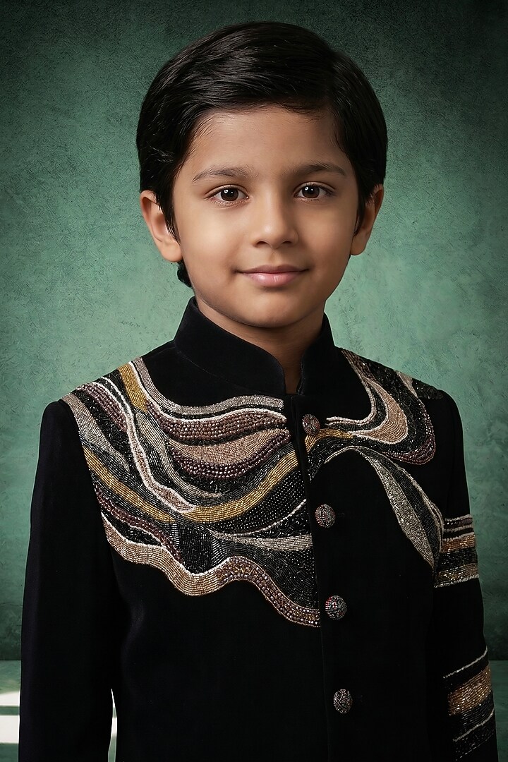 Midnight Navy Japanese Rayon Embroidered Bandhgala Set For Boys by Abees Kids at Pernia's Pop Up Shop