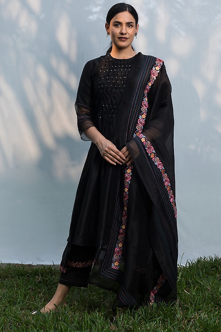 Black Embroidered Smocked Kurta Set by Beige