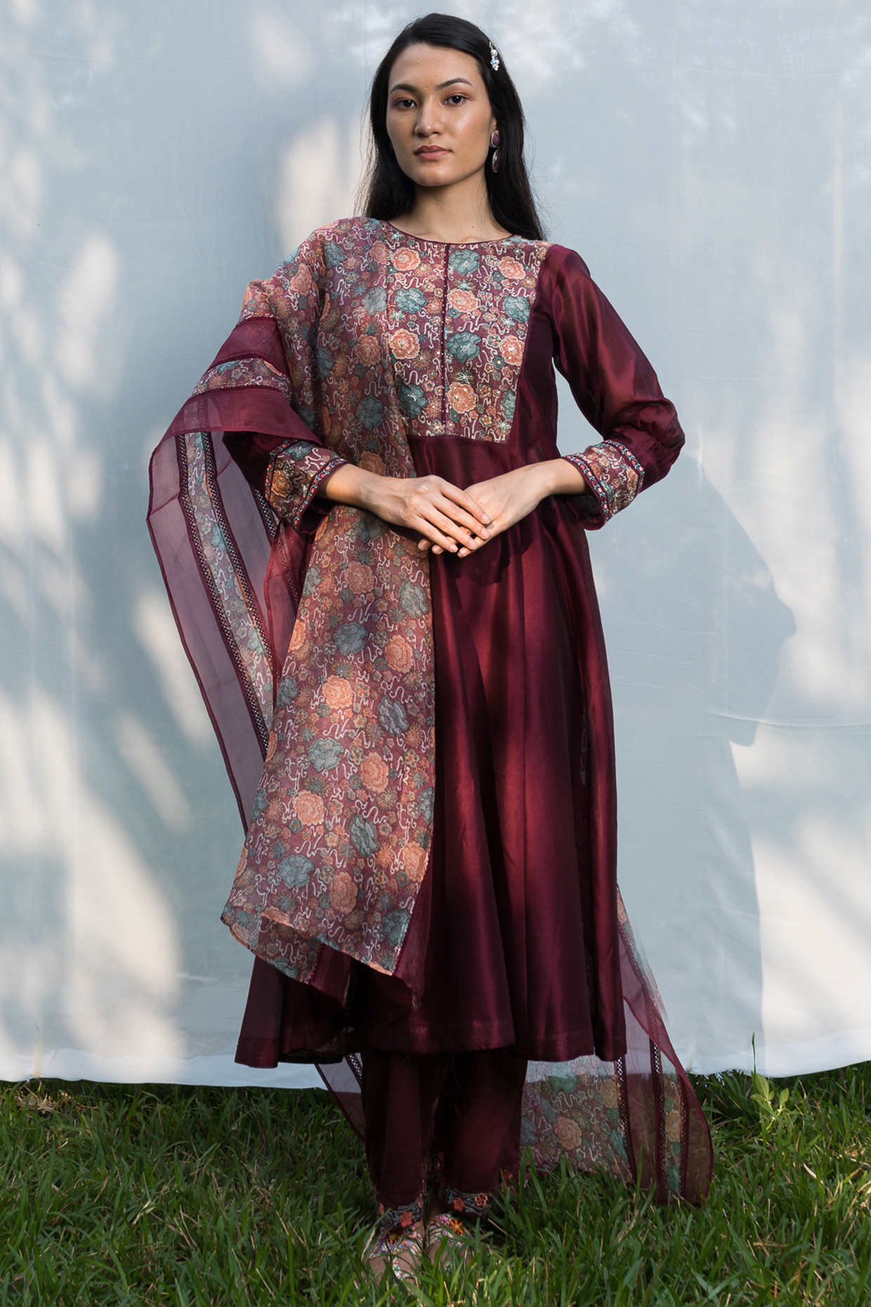 Wine Embroidered Kurta Set by Beige at Pernia's Pop Up Shop