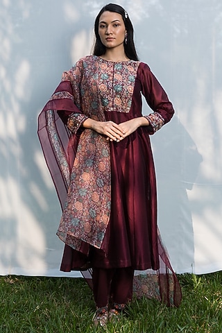 Wine Embroidered Kurta Set by Beige