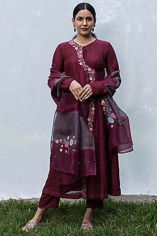 Wine Embroidered Angrakha Kurta Set by Beige