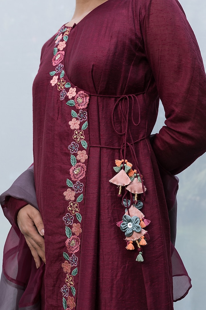 Wine Embroidered Angrakha Kurta Set by Beige at Pernia's Pop Up Shop