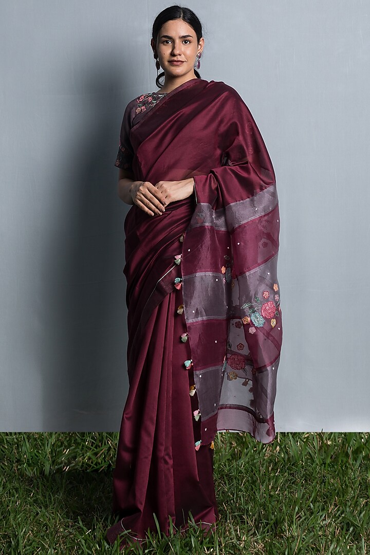 Wine Silk Organza & Chanderi Silk Applique Embroidered Saree Set by Beige
