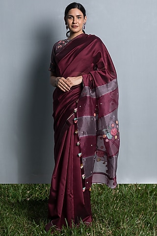 Wine Silk Organza & Chanderi Silk Applique Embroidered Saree Set by Beige