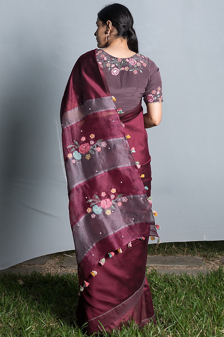 Wine Silk Organza & Chanderi Silk Applique Embroidered Party Wear Saree Set by Beige at Pernia's Pop Up Shop