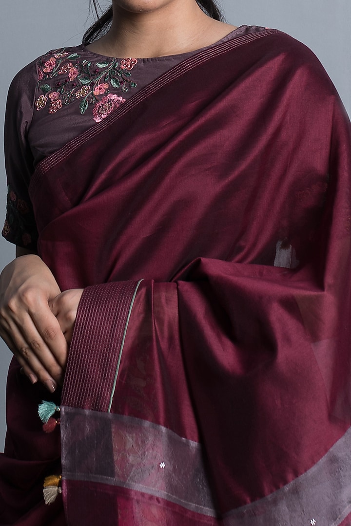 Wine Silk Organza & Chanderi Silk Applique Embroidered Party Wear Saree Set by Beige at Pernia's Pop Up Shop