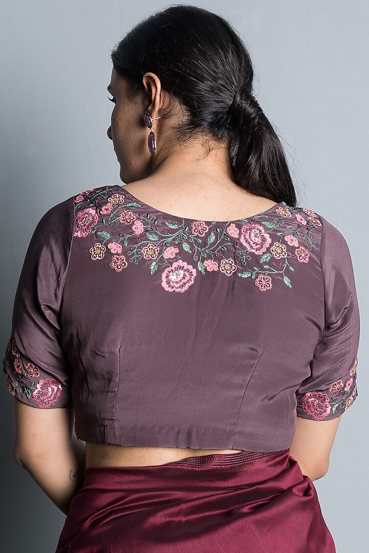 Wine Silk Organza & Chanderi Silk Applique Embroidered Party Wear Saree Set by Beige at Pernia's Pop Up Shop