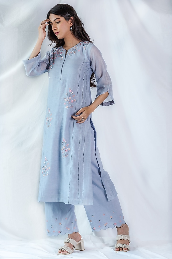 Blue Embroidered Kurta Set by Beige at Pernia's Pop Up Shop