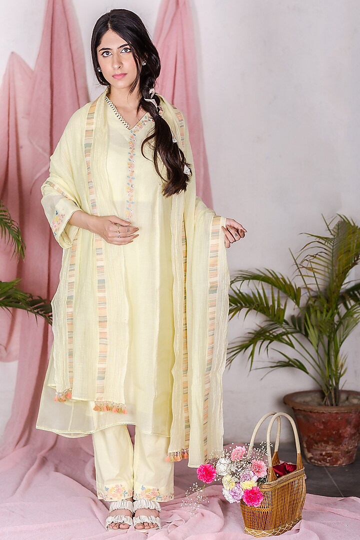 Yellow Embroidered Kurta Set by Beige