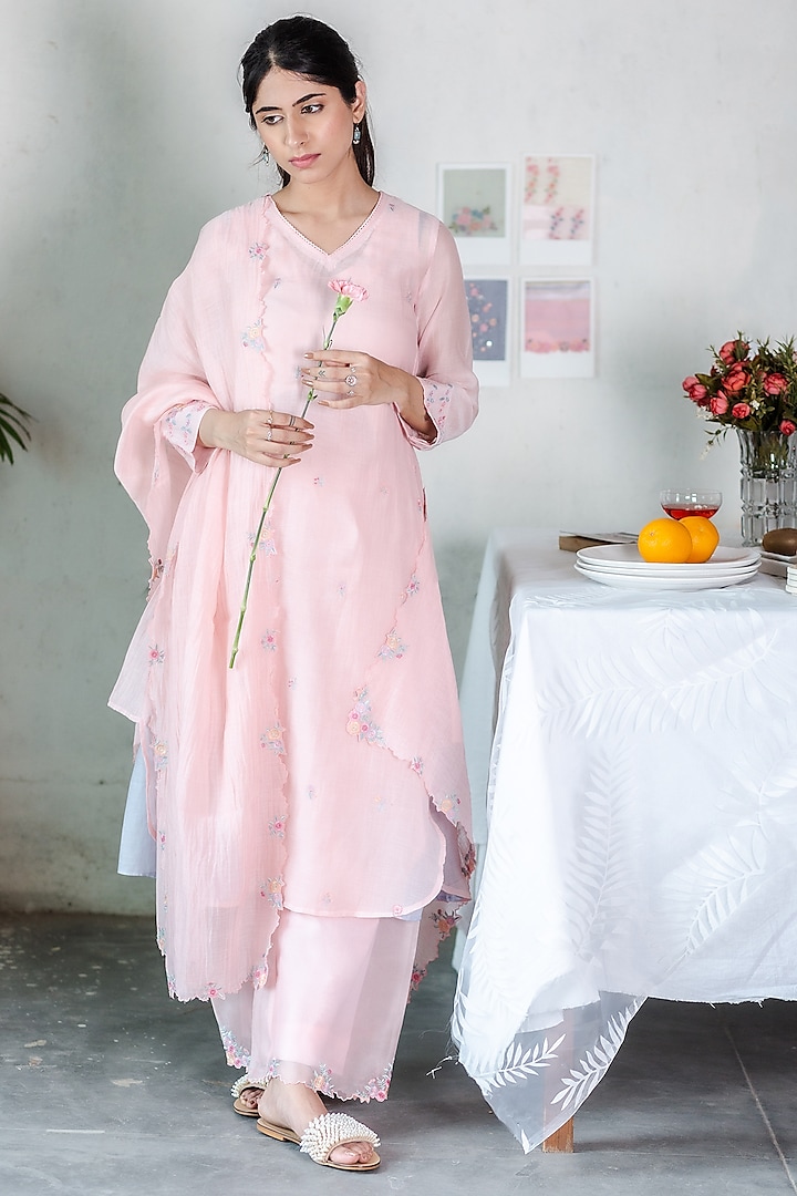 Pink Floral Embroidered Kurta Set by Beige