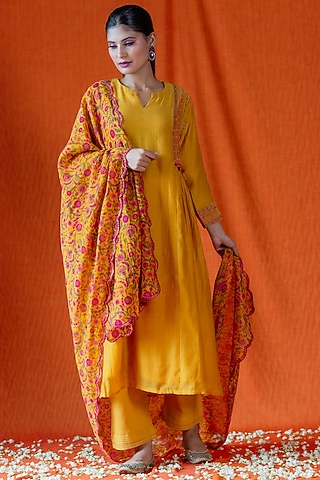 Mustard Embroidered Kurta Set by Beige