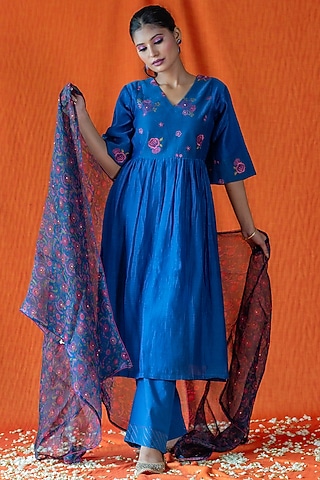 Blue Embroidered Gathered Kurta Set by Beige