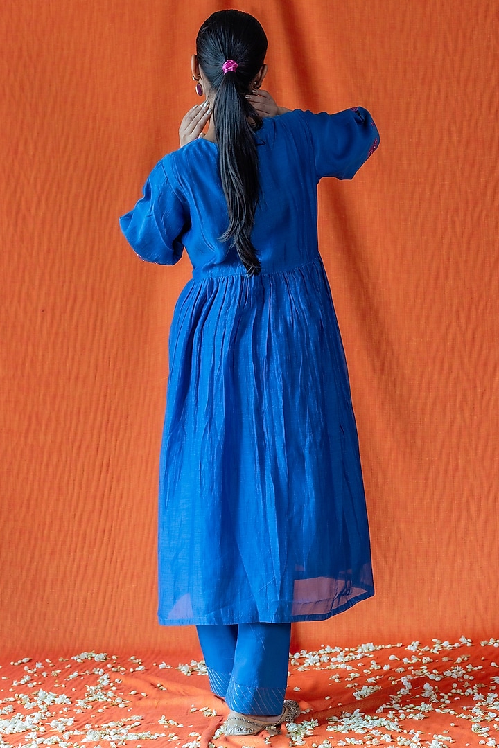 Blue Embroidered Gathered Kurta Set by Beige at Pernia's Pop Up Shop