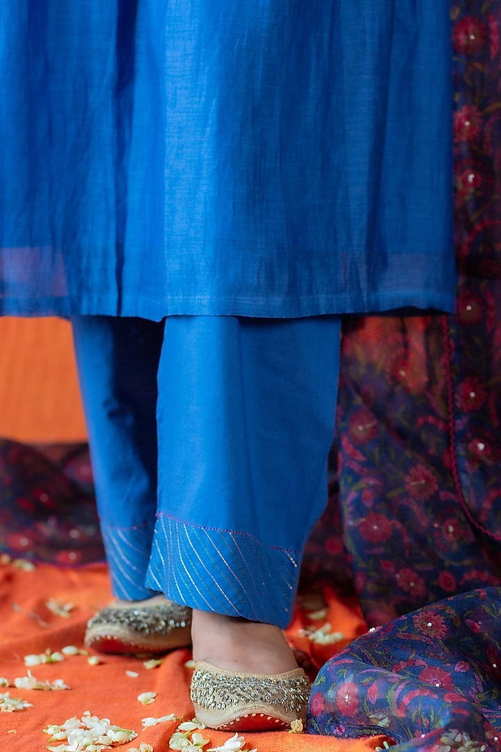 Blue Embroidered Gathered Kurta Set by Beige at Pernia's Pop Up Shop