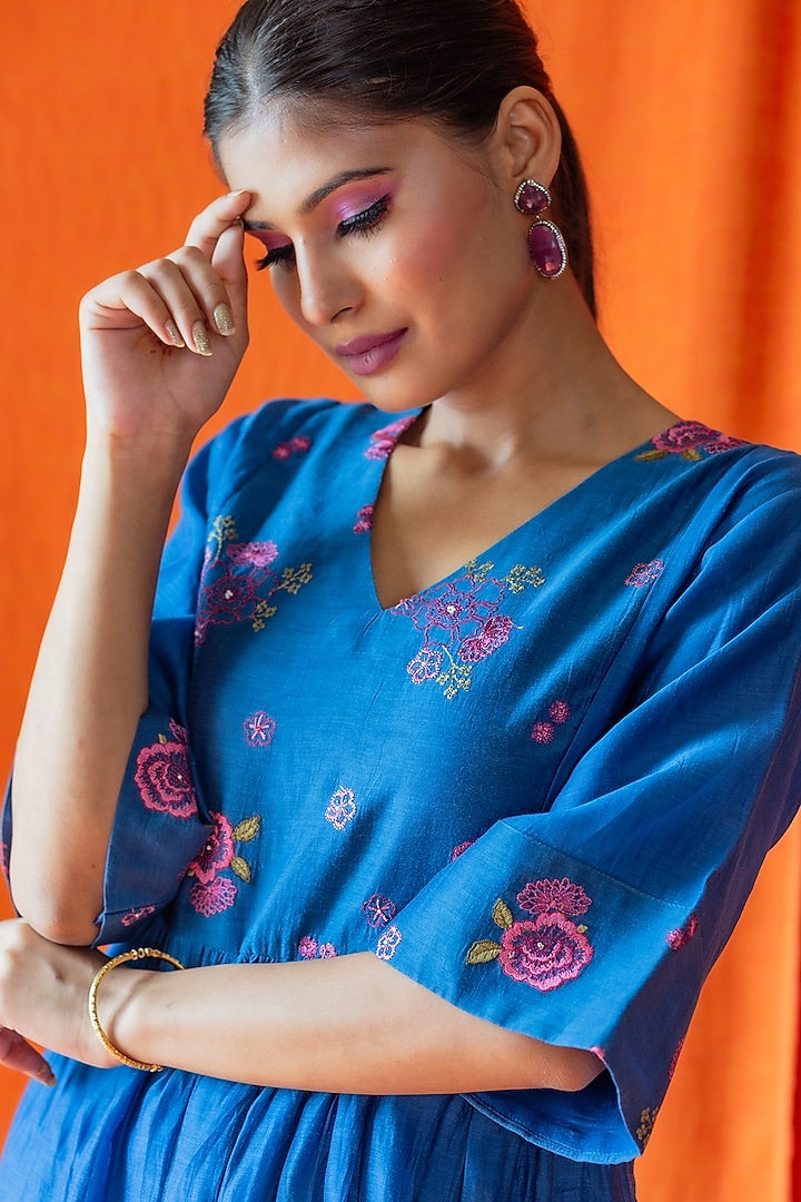 Blue Embroidered Gathered Kurta Set by Beige at Pernia's Pop Up Shop
