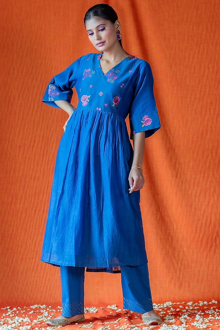 Blue Embroidered Gathered Kurta Set by Beige at Pernia's Pop Up Shop