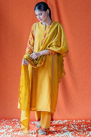 Mustard Chanderi Embroidered Kurta Set by Beige