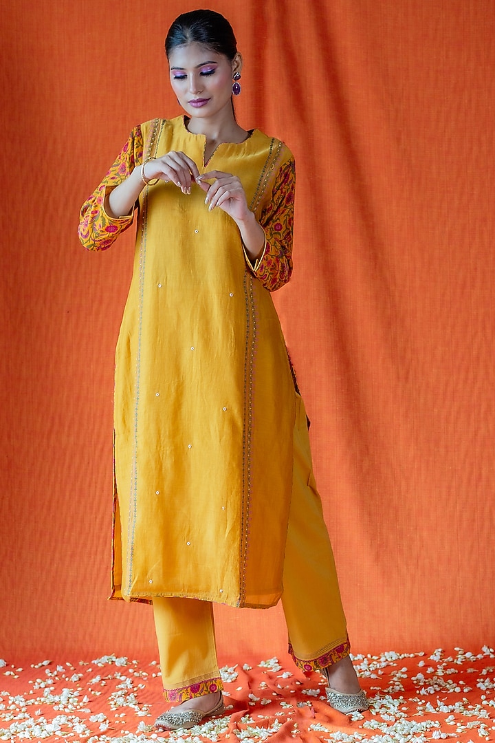 Mustard Chanderi Embroidered Kurta Set by Beige at Pernia's Pop Up Shop