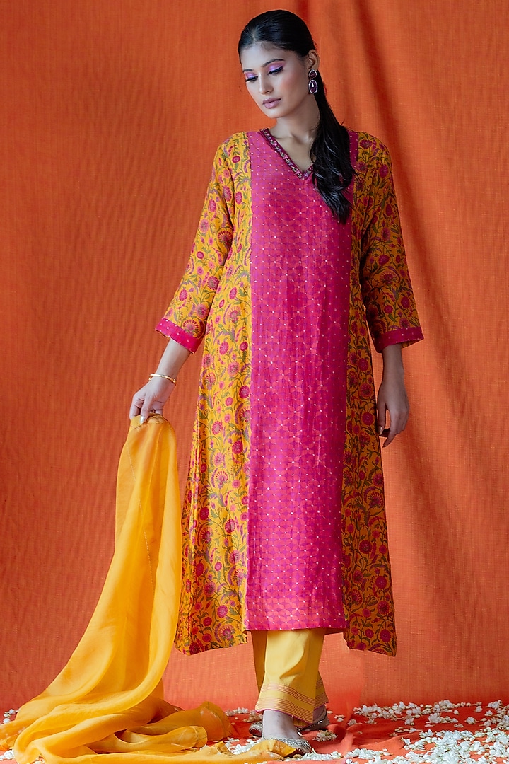 Mustard & Pink Printed Kurta Set by Beige