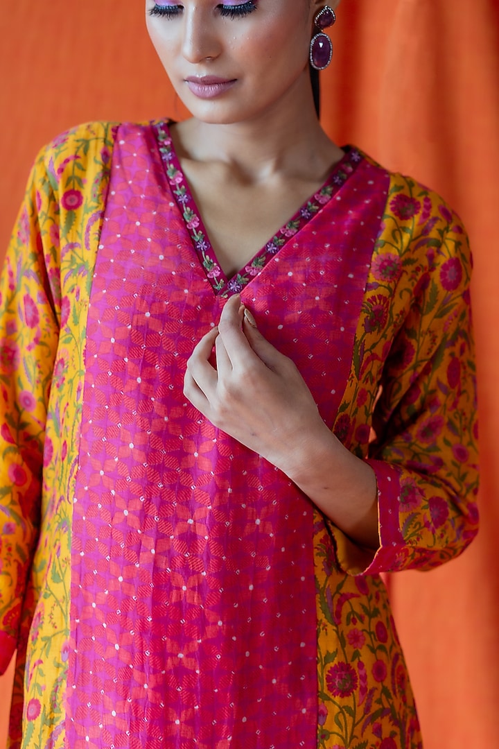 Mustard & Pink Printed Kurta Set by Beige at Pernia's Pop Up Shop