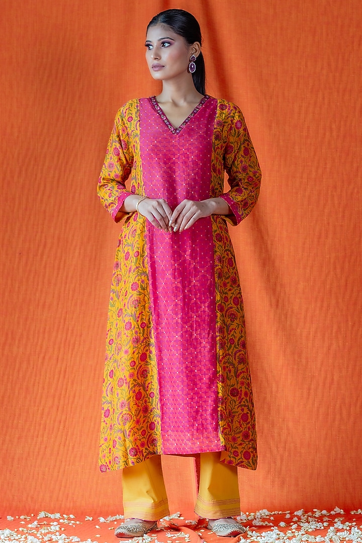 Mustard & Pink Printed Kurta Set by Beige at Pernia's Pop Up Shop