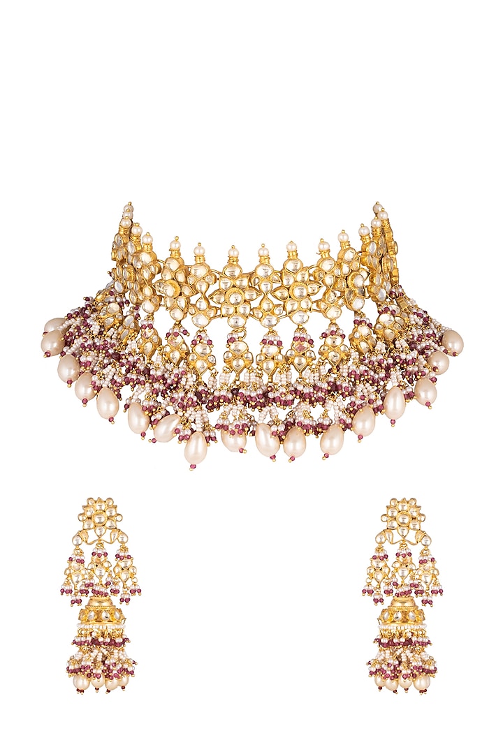Gold Finish Pearl Choker Necklace Set by Belsi's Jewellery