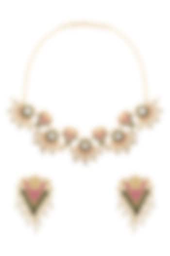 Gold Finish Pink & Green Enamled Necklace Set by Belsi's Jewellery