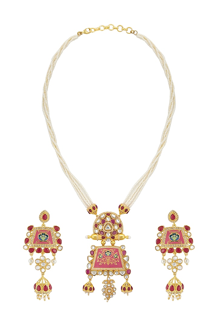 Gold Finish Pink Enamled Kundan Necklace Set by Belsi's Jewellery