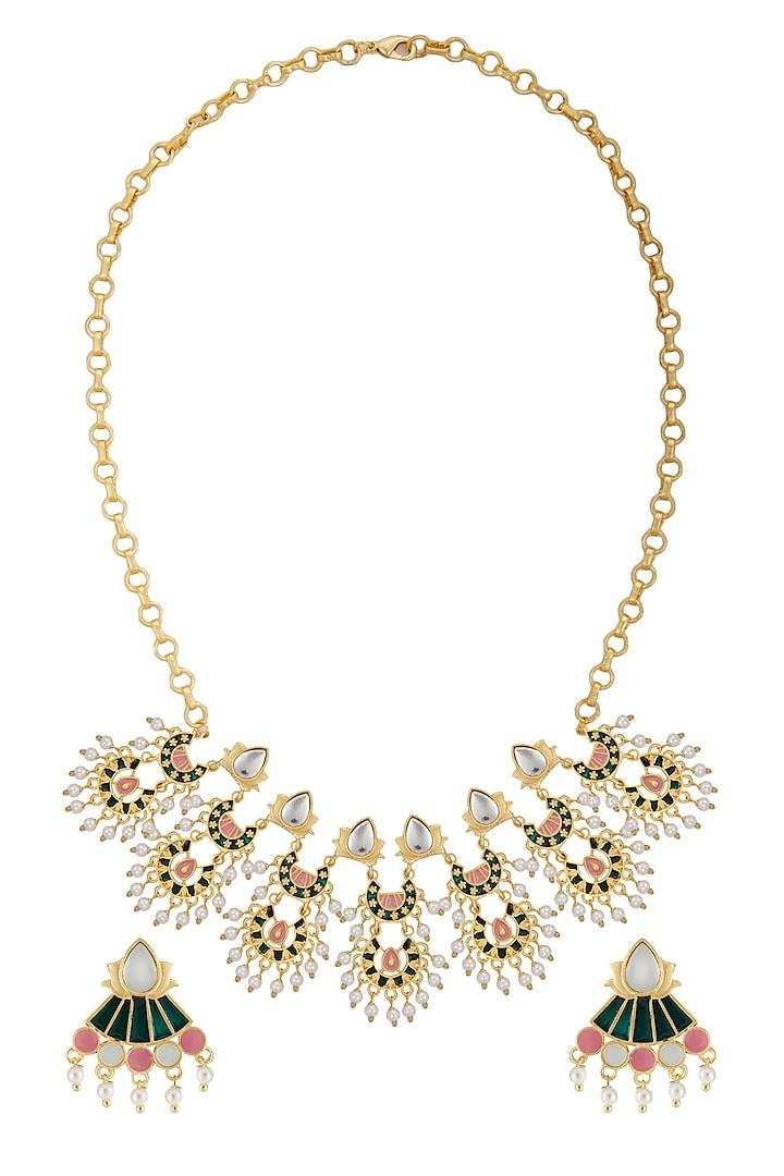 Gold Finish Enamled Kundan & Pearl Necklace Set by Belsi's Jewellery