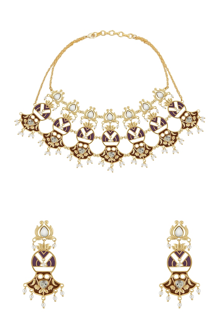 Gold Finish Kundan Lotus Necklace Set by Belsi's Jewellery