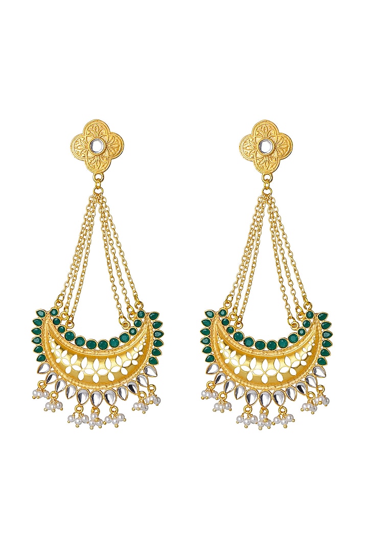 Gold Finish Green Polki Jhumka Earrings by Belsi'S Jewellery