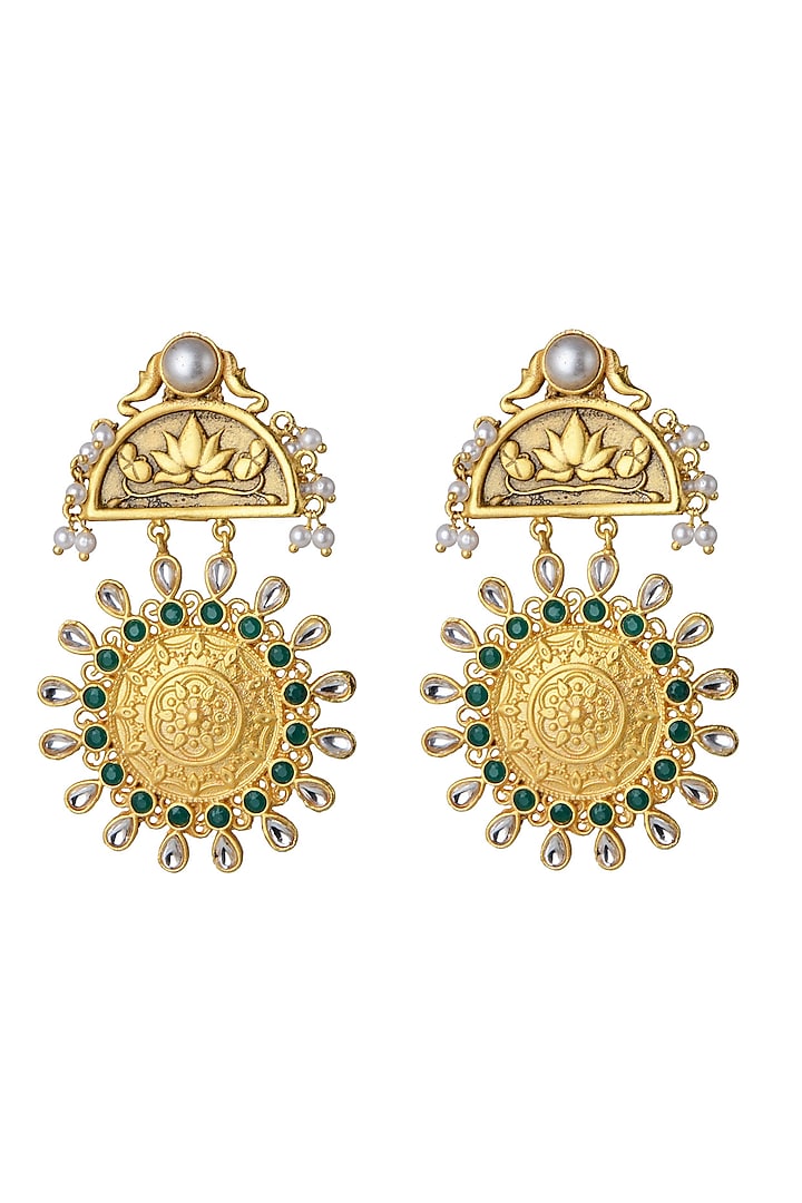Gold Finish Green & White Stone Earrings by Belsi'S Jewellery