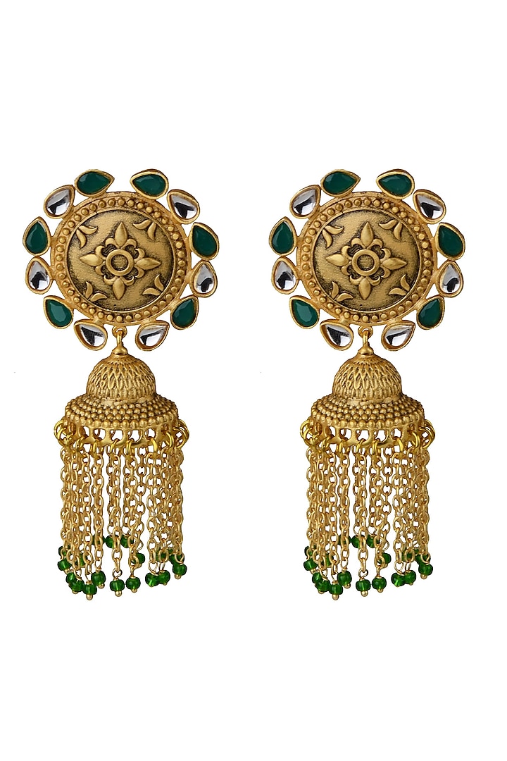 Gold Finish Stone Earrings With Tassels by Belsi'S Jewellery