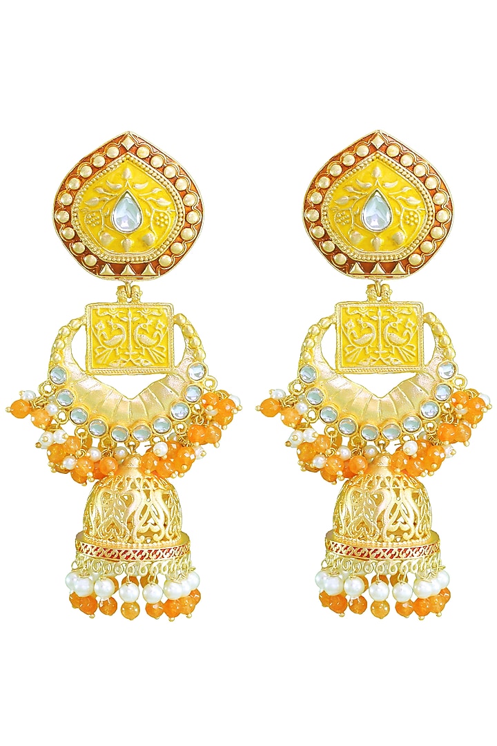Matte Gold Finish Peacock Motif Jhumka Earrings by Belsi's Jewellery at Pernia's Pop Up Shop