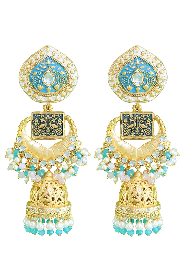 Matte Gold Finish Peacock Enamelled Jhumka Earrings by Belsi's Jewellery